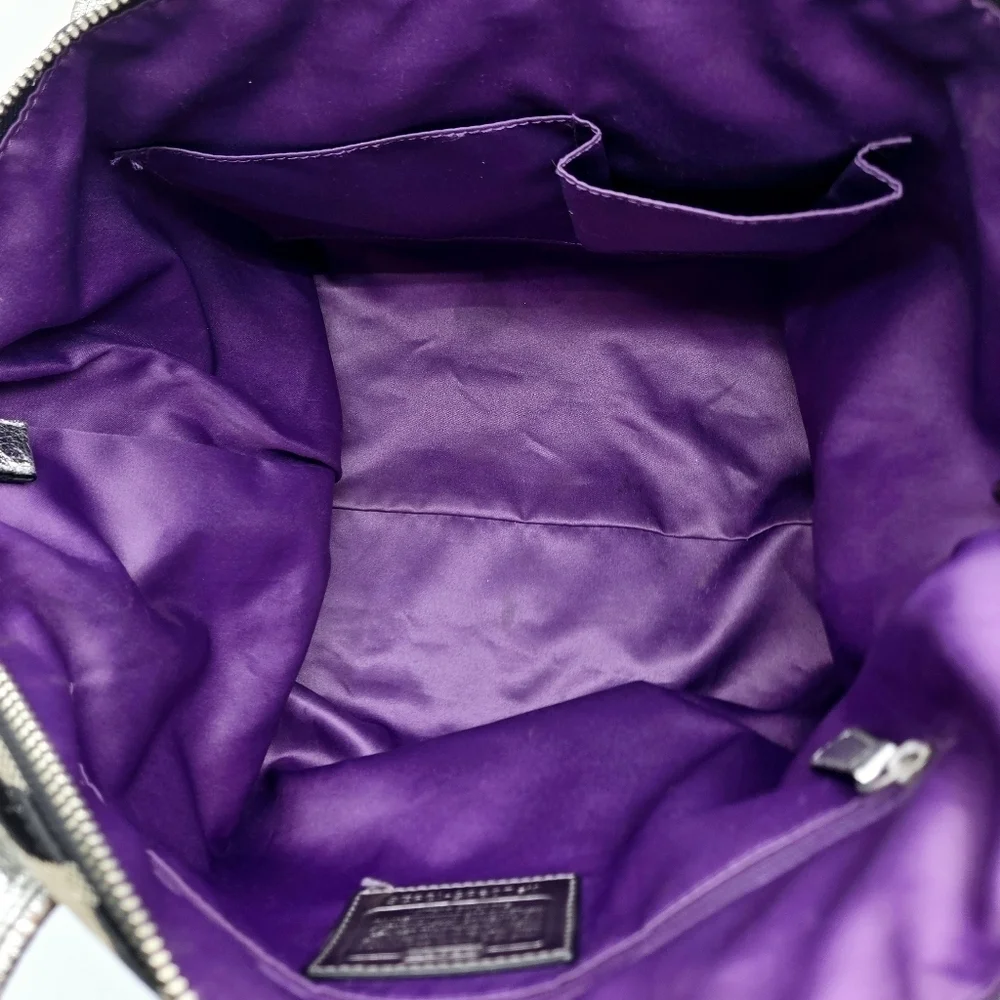 COACH Poppy Canvas Tote Black Op C Print Purple Lining Large Sequence Tag